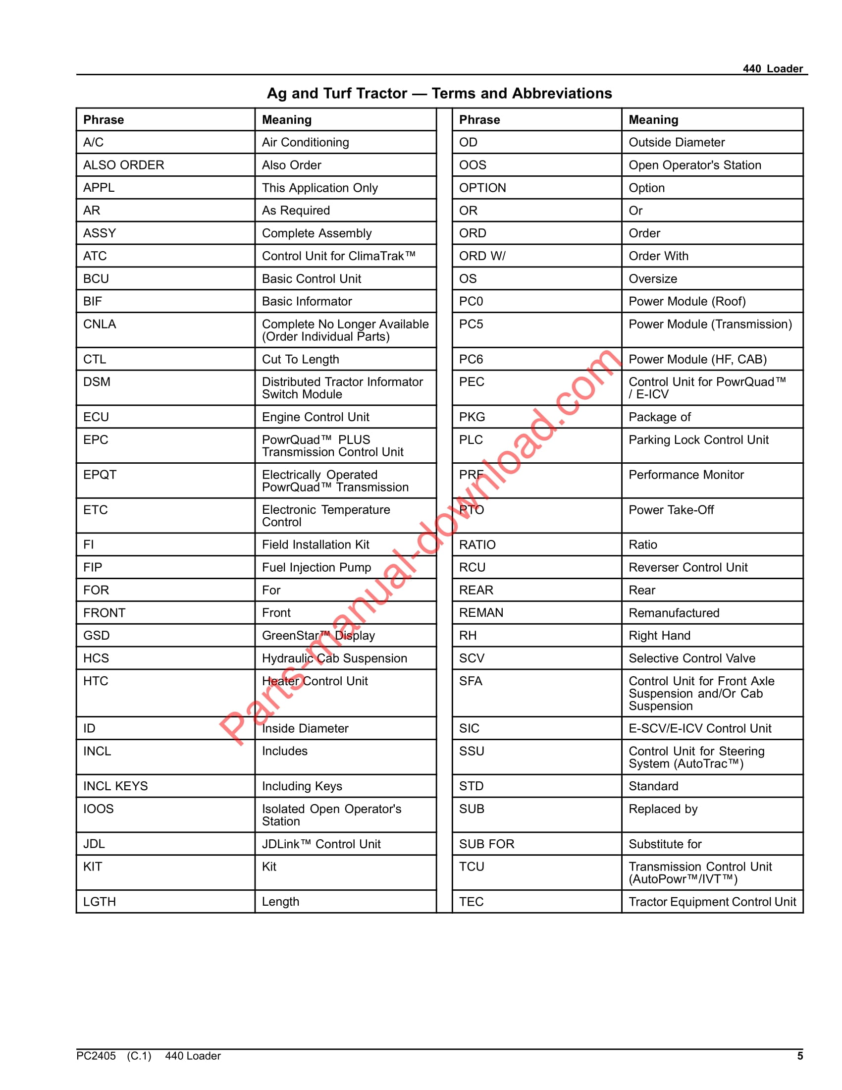 John Deere 440 Loader Parts Manual PC2405