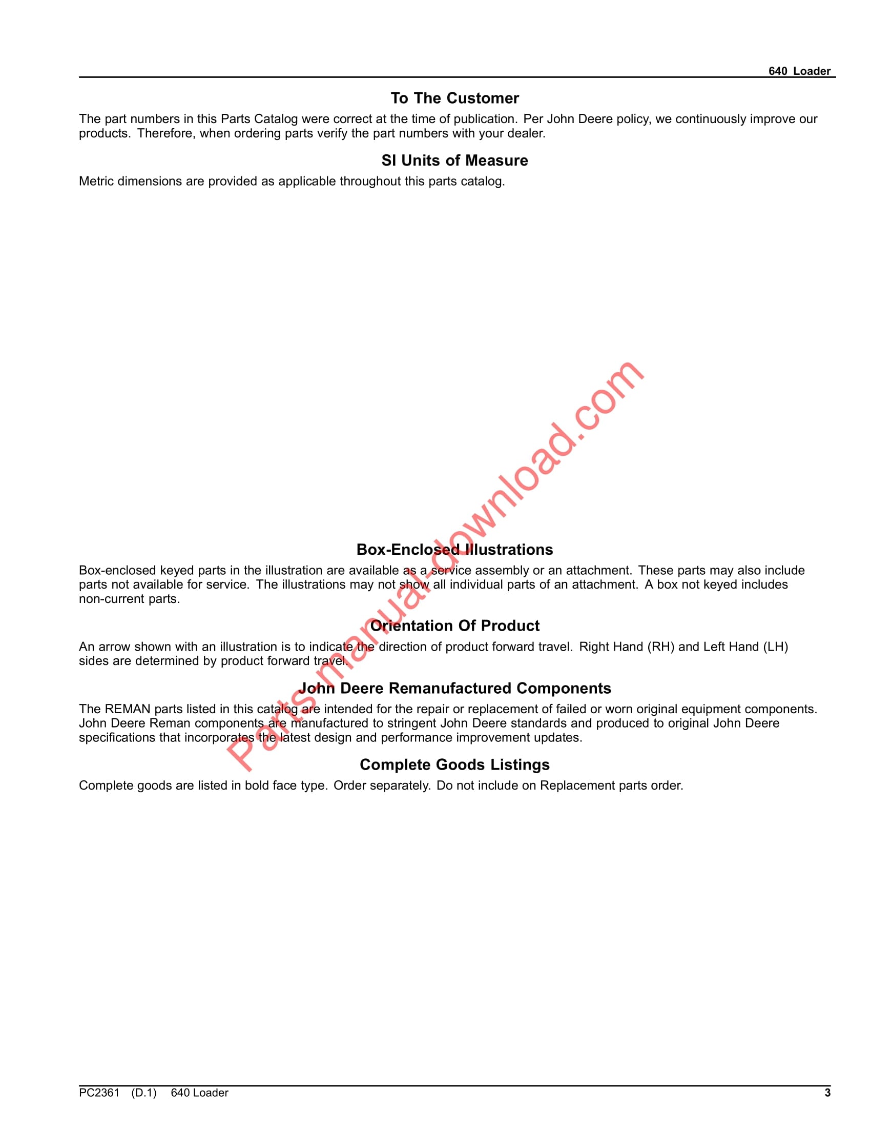 John Deere 640 Loader Parts Manual PC2361 