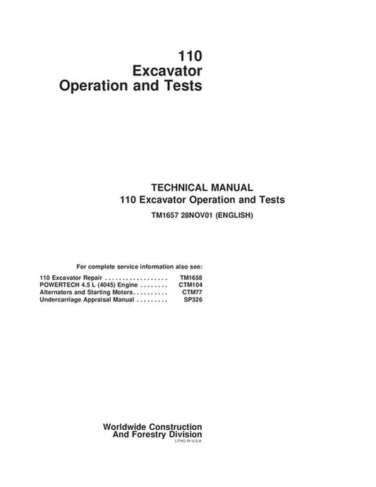 PDF John Deere 110 Excavator Diagnostic, Operation and Test Service Manual TM1657