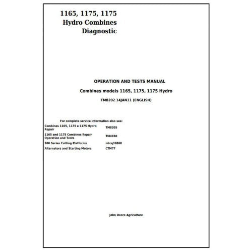 PDF John Deere 1165, 1175, 1175 Hydro Combine Diagnostic and Test Service Manual TM8202