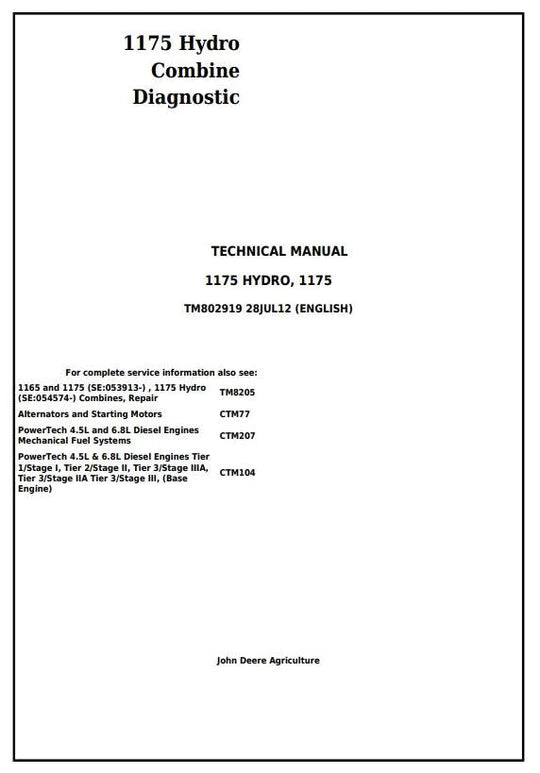 PDF John Deere 1175, 1175 Hydro Combine Diagnostic and Test Service Manual TM802919