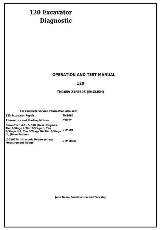 PDF John Deere 120 Excavator Diagnostic and Test Service Manual TM1659