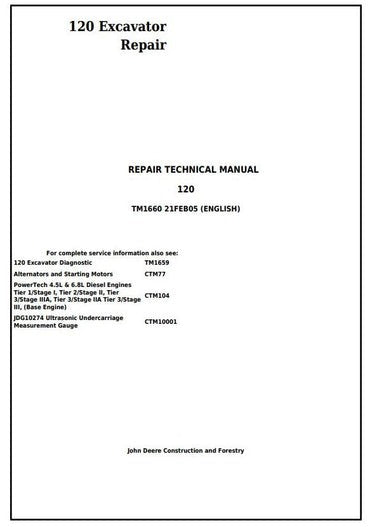 PDF John Deere 120 Excavator Service Manual TM1660