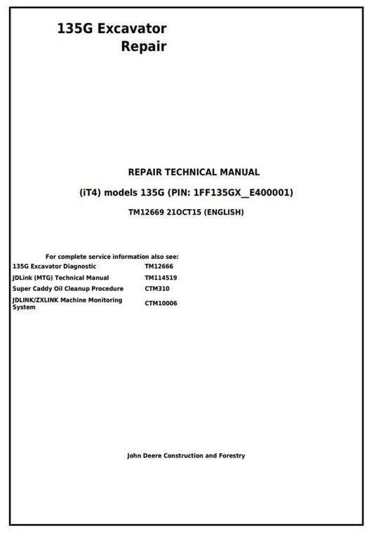 PDF John Deere 135G iT4 Excavator Service Repair Technical Manual TM12669 