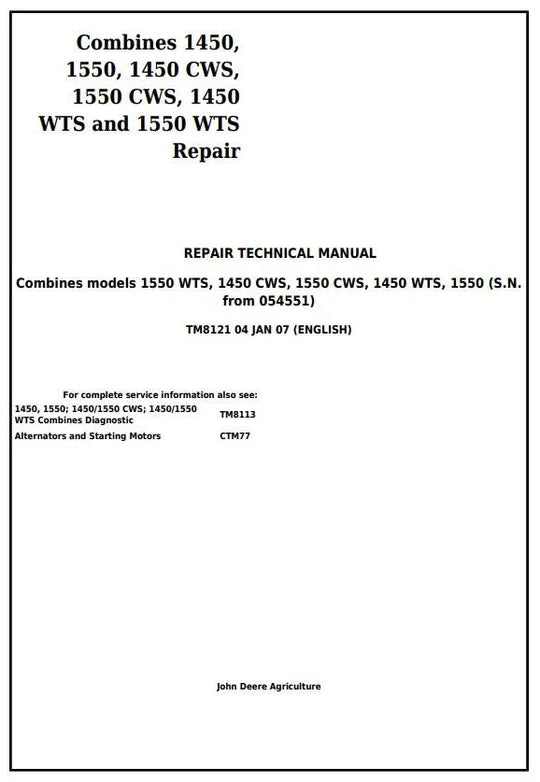 PDF John Deere 1450, 1550, 1450CWS, 1550CWS, 1450WTS, 1550WTS Combine Service Manual TM8121