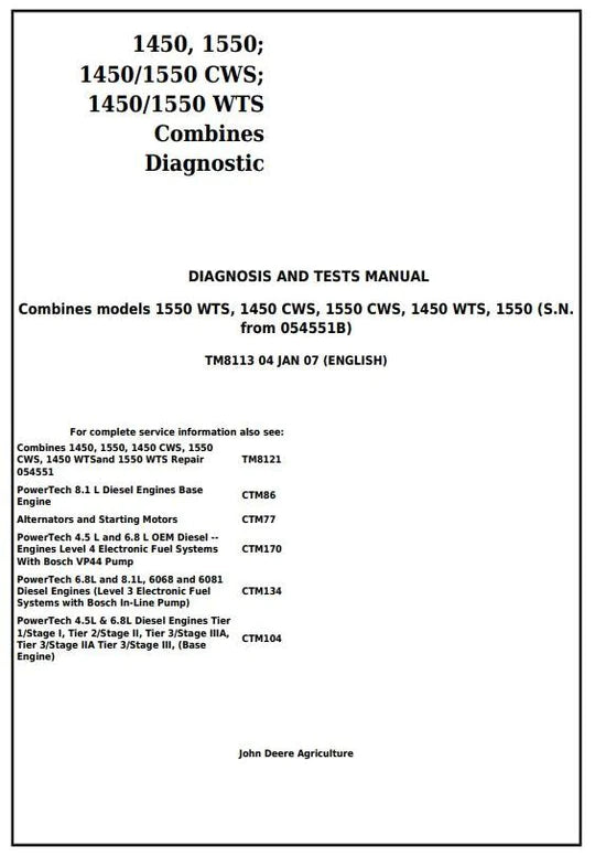 PDF John Deere 1450, 1550 (CWS, WTS) Combine (054551B- ) Diagnostic and Test Service Manual TM8113