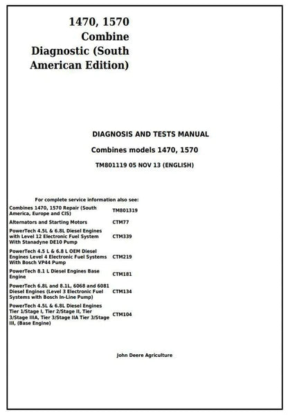 PDF John Deere 1470, 1570 Combine (SA Edition) Diagnosis, and Test Service Manual TM801119