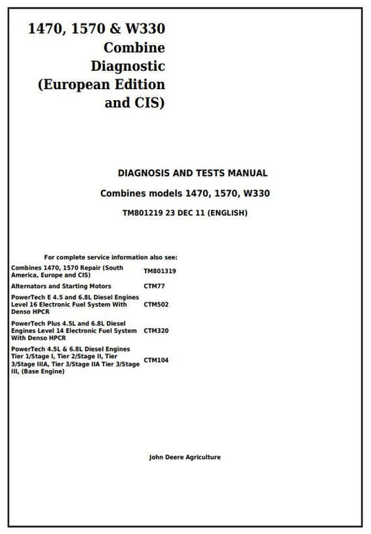 PDF John Deere 1470, 1570, W330 Combine (EU Edition & CIS) Diagnosis and Test Service Manual TM801219