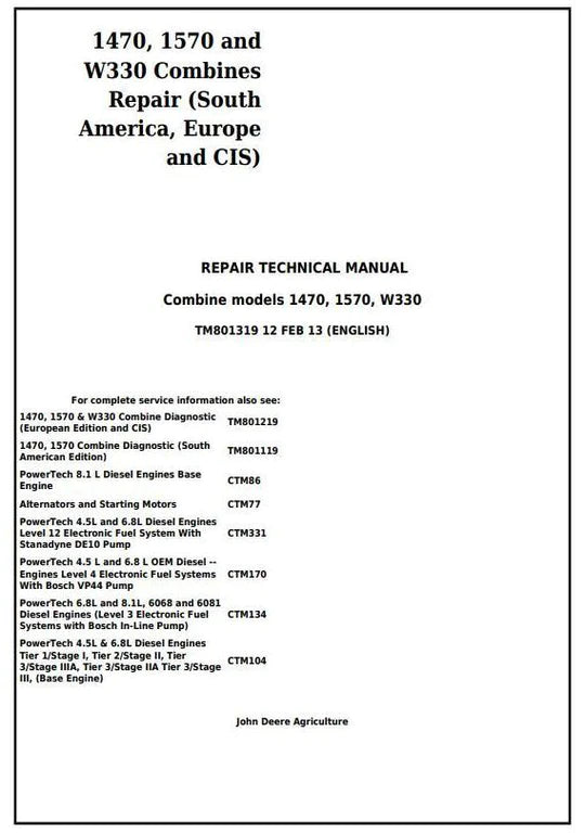 PDF John Deere 1470, 1570, W330 Combine (South America, Europe, CIS) Service Manual TM801319 