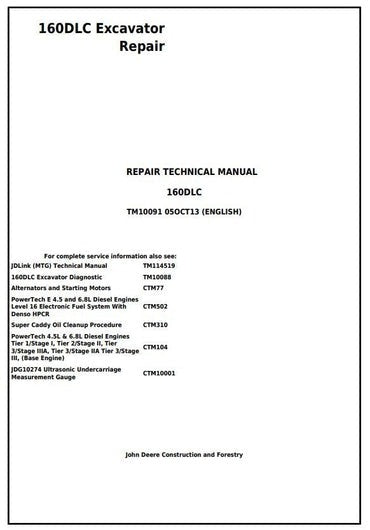 PDF John Deere 160DLC Excavator Repair Service Manual TM10091