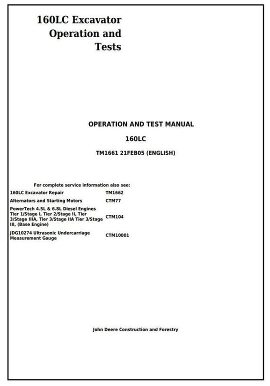 PDF John Deere 160LC Excavator Diagnostic, Operation and Test Service Manual TM1661