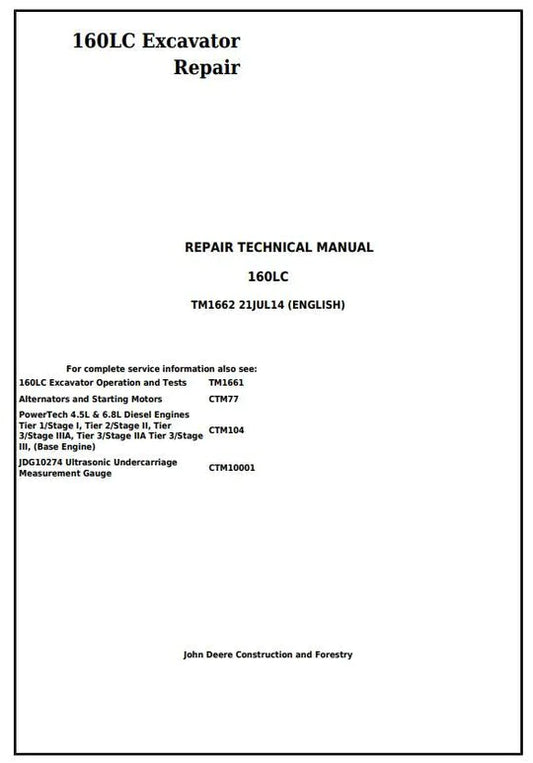 PDF John Deere 160LC Excavator Technical Service Repair Manual TM1662