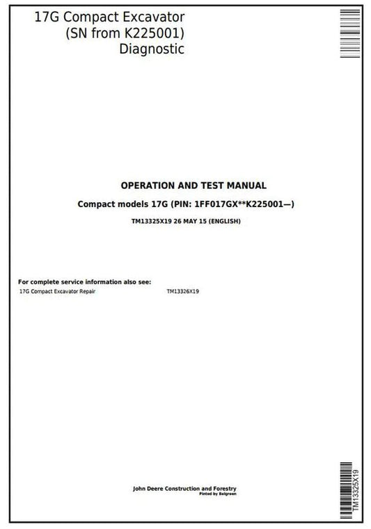 PDF John Deere 17G Compact Excavator Diagnostic, Operation and Test Service Manual