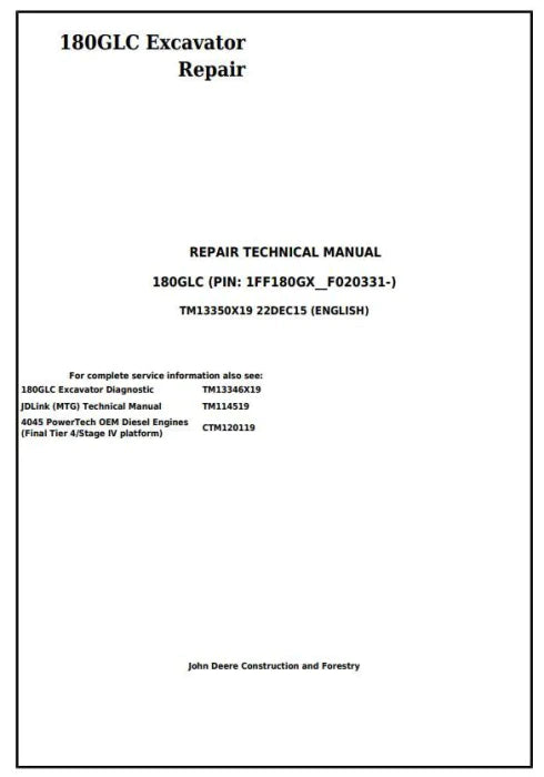 PDF John Deere 180GLC Excavator Service Repair Technical Manual TM13350X19