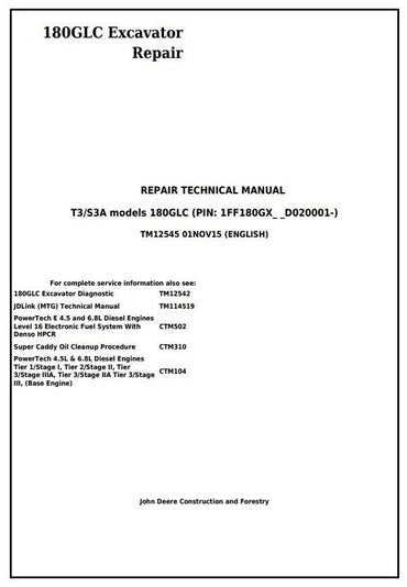 PDF John Deere 180GLC T3_S3A Excavator Repair Service Manual TM12545