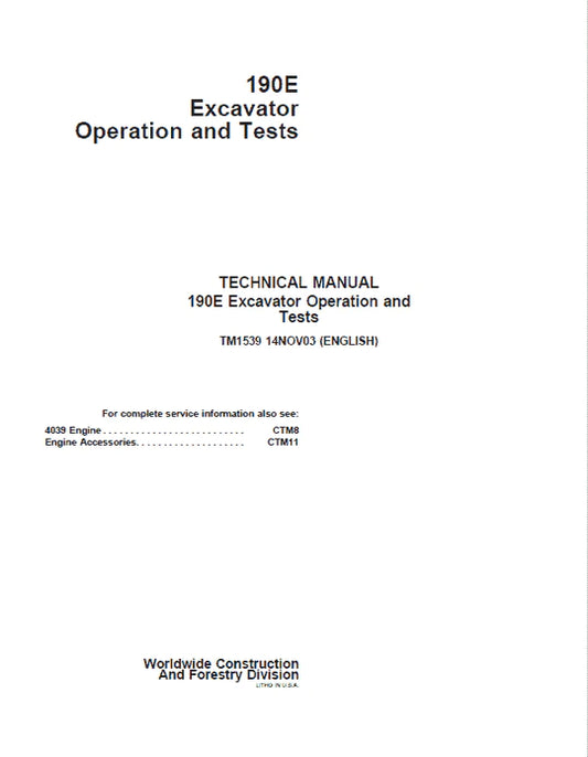 PDF John Deere 190E Excavator Diagnostic, Operation and Test Service Manual TM1539