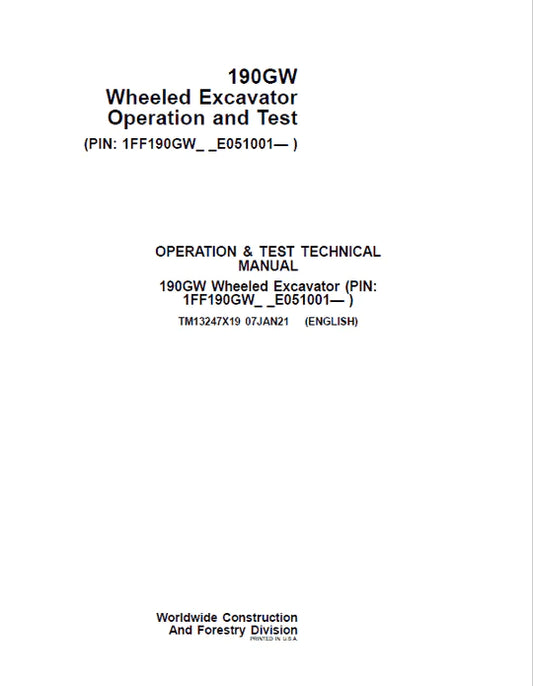 PDF John Deere 190GW Wheeled Excavator Operation and Test Service Manual TM13247X19