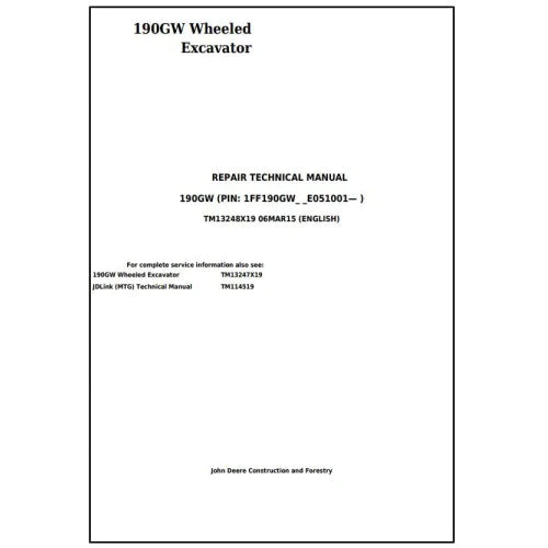 PDF John Deere 190GW Wheeled Excavator Service Repair Technical Manual TM13248X19