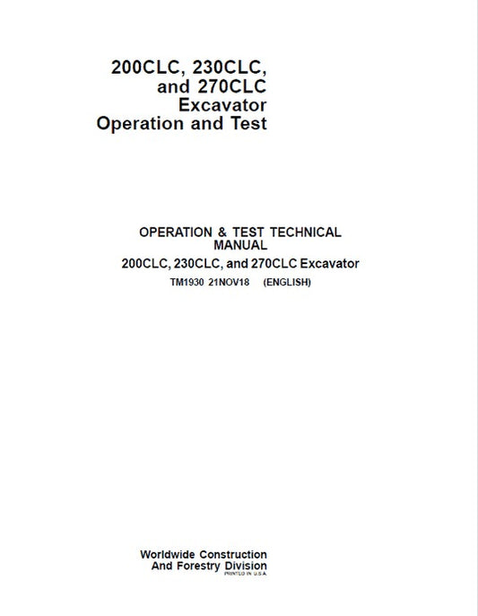 PDF John Deere 200CLC, 230CLC, 270CLC Excavator Diagnostic and Test Service Manual TM1930