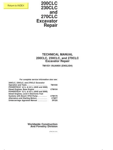 PDF John Deere 200CLC, 230CLC, 270CLC Excavator Service Manual TM1931