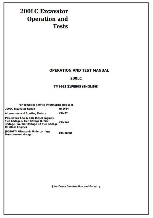 PDF John Deere 200LC Excavator Diagnostic, Operation and Test Service Manual TM1663