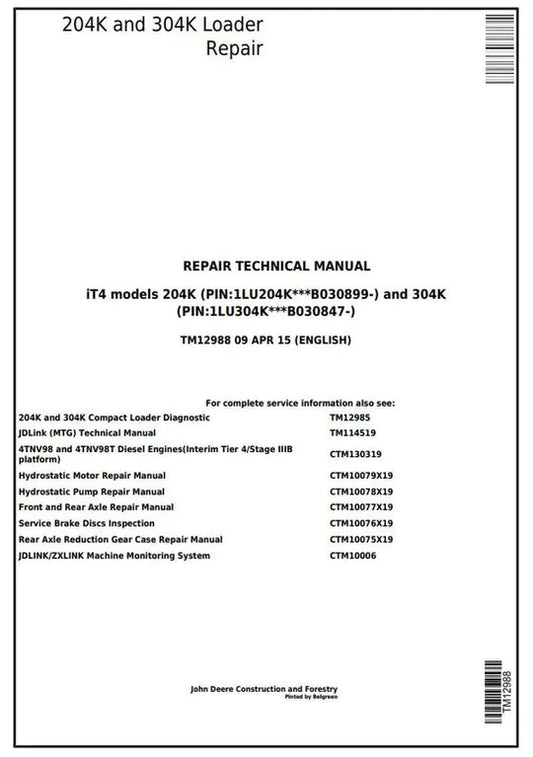 PDF John Deere 204K, 304K (iT4) Compact Loader Service Repair Manual TM12988