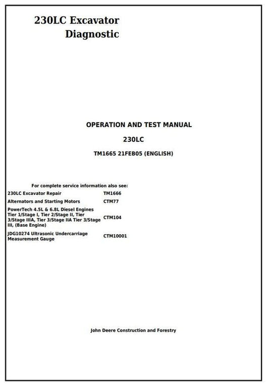 PDF John Deere 230LC Excavator Diagnostic, Operation and Test Service Manual TM1665