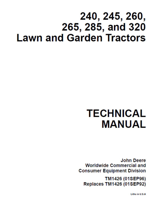 PDF John Deere 240 245 260 265 285 320 Lawn Garden Tractor Workshop Service Manual TM1426 