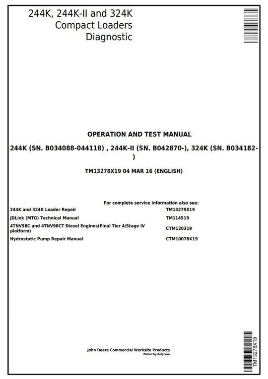 PDF John Deere 244K, 244K-II, 324K Compact Loader Diagnostic & Test Service Manual TM13278X19