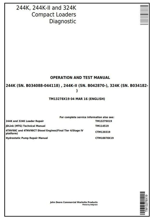 PDF John Deere 244K, 244K-II, 324K Compact Loader Diagnostic & Test Service Manual TM13278X19