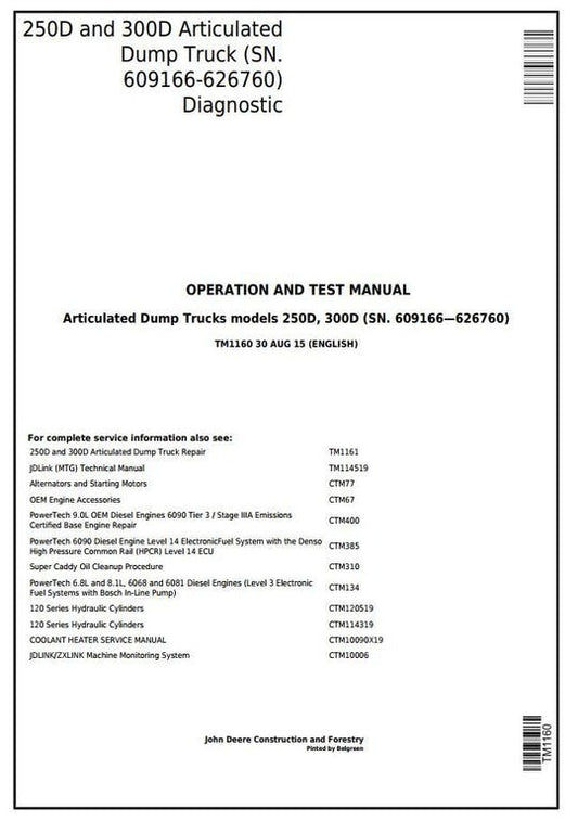 PDF John Deere 250D, 300D Articulated Dump Truck Diagnostic and Test Service Manual TM1160