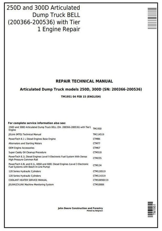 PDF John Deere 250D, 300D Articulated Dump Truck Repair Service Manual TM1951