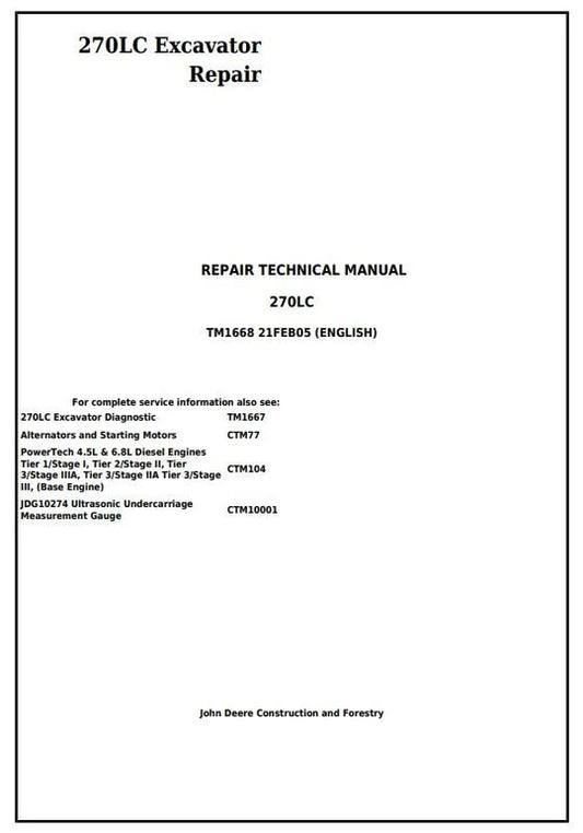 PDF John Deere 270LC Excavator Technical Service Repair Manual TM1668