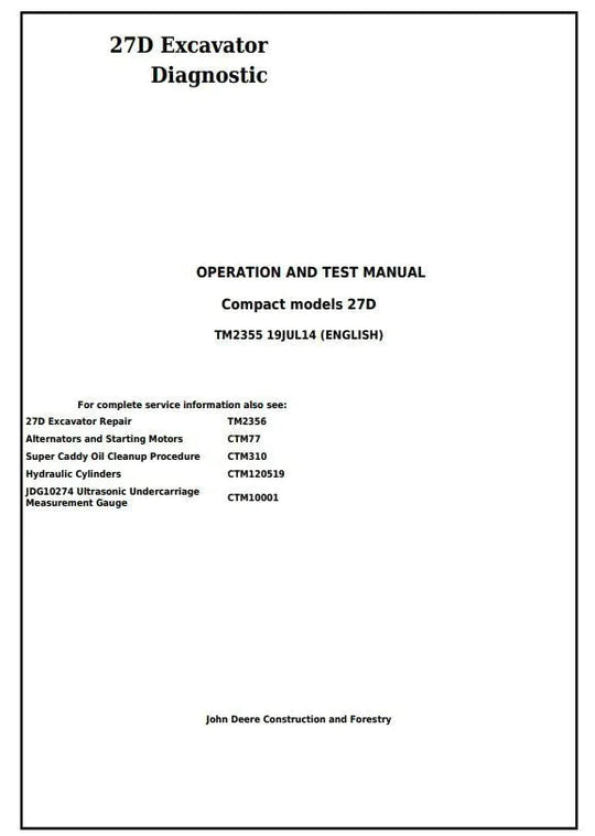 PDF John Deere 27D Compact Excavator Diagnostic, Operation and Test Service Manual TM2355