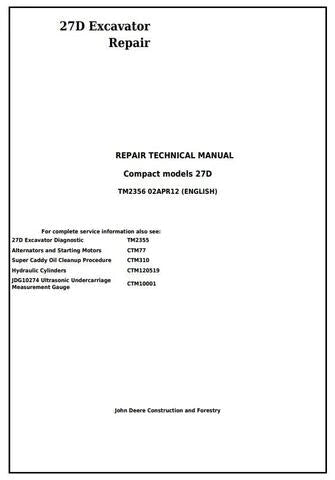 PDF John Deere 27D Compact Excavator Technical Service Repair Manual TM2356