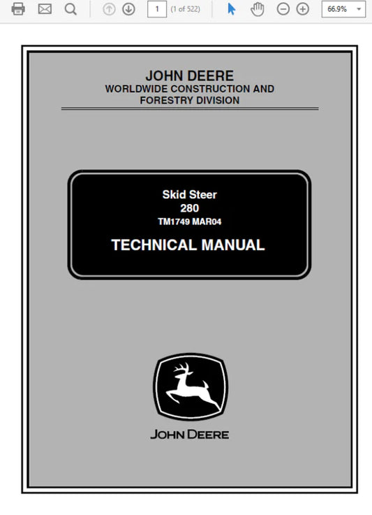 PDF John Deere 280 Type Skid Steer Loader Service Manual TM1749