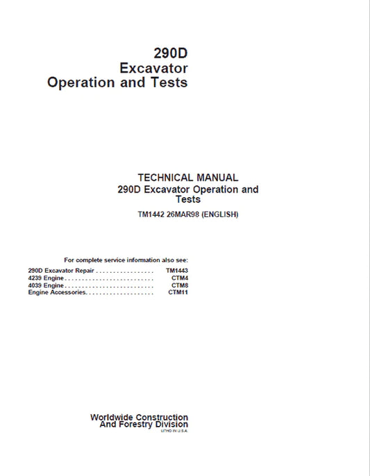 PDF John Deere 290D Excavator Diagnostic, Operation and Test Service Manual TM1442