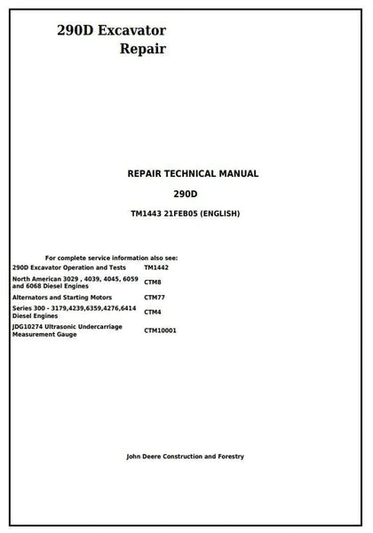 PDF John Deere 290D Excavator Technical Service Repair Manual TM1443