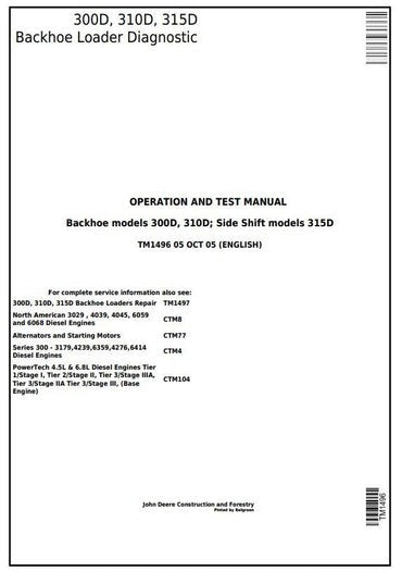 PDF John Deere 300D 310D 315D Backhoe Side Shift Loader Diagnostic and Test Manual TM1496