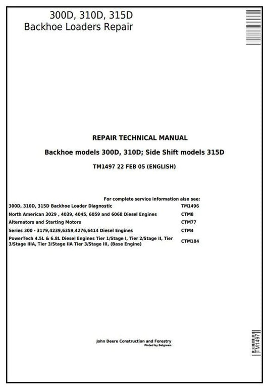 PDF John Deere 300D 310D Backhoe Loader 315D Side Shift Loader Service Manual TM1497