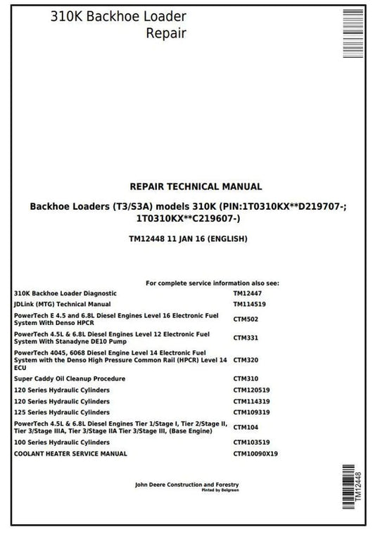 PDF John Deere 310K Backhoe Loader Service Manual TM12448