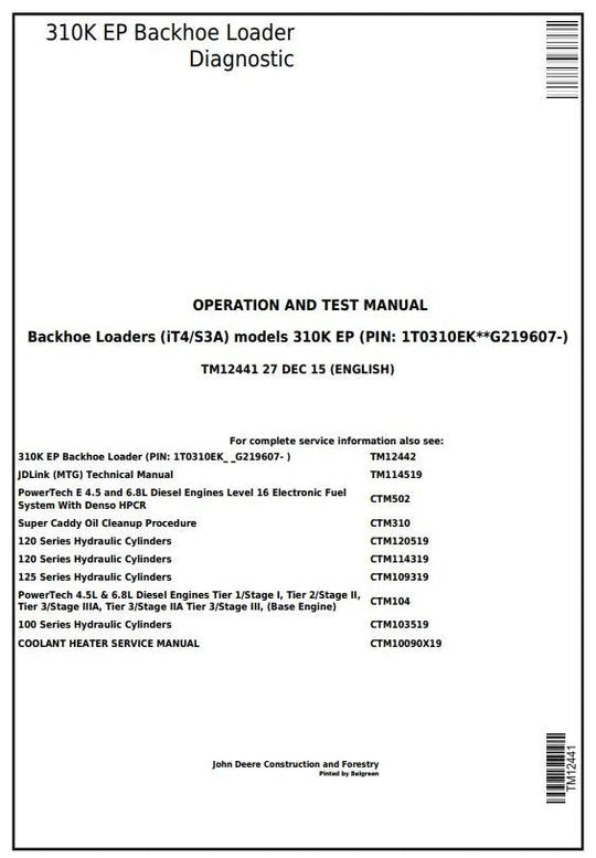 PDF John Deere 310K EP Backhoe Loader Diagnostic & Test Service Manual TM12441