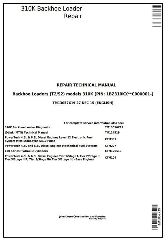 PDF John Deere 310K (T2/S2) Backhoe Loader Service Manual TM13057X19