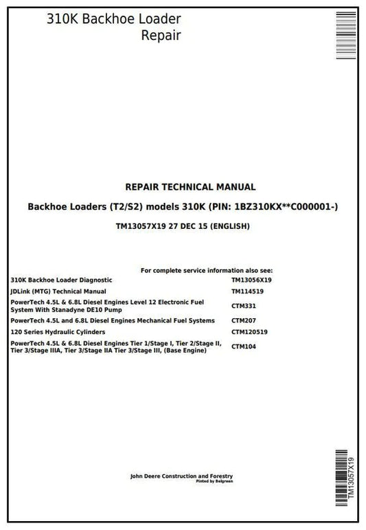 PDF John Deere 310K (T2/S2) Backhoe Loader Service Manual TM13057X19