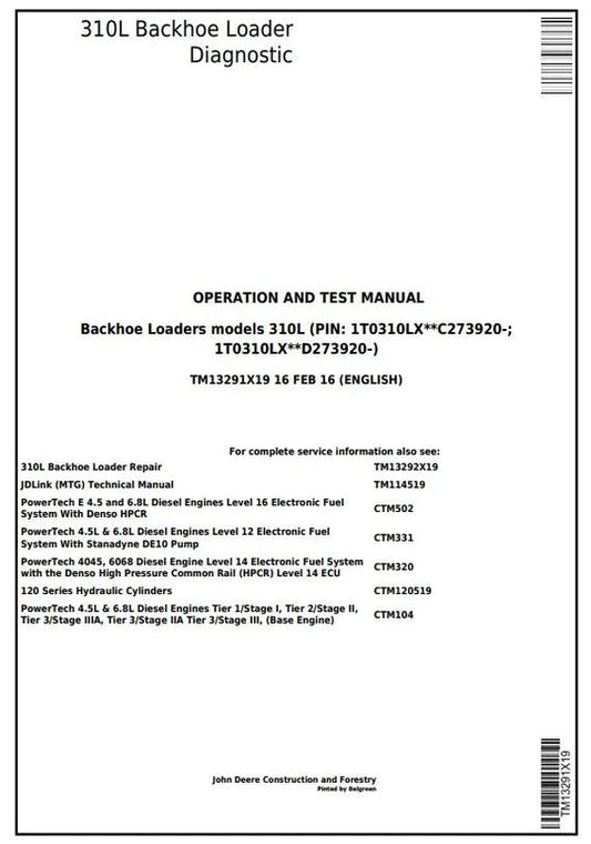 PDF John Deere 310L Backhoe Loader Diagnostic and Test Manual TM13291X19