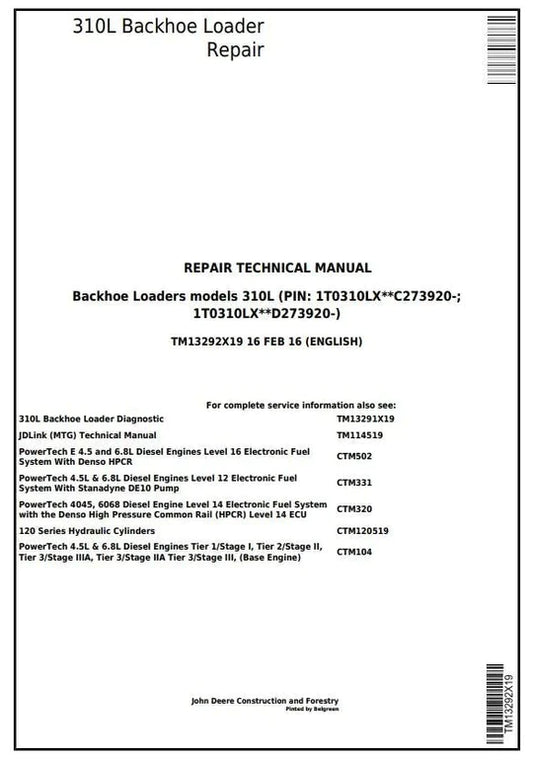 PDF John Deere 310L Backhoe Loader Service Manual TM13292X19