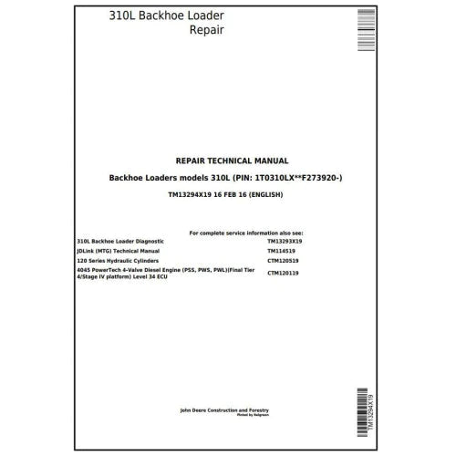 PDF John Deere 310L Backhoe Loader Service Manual TM13294X19 