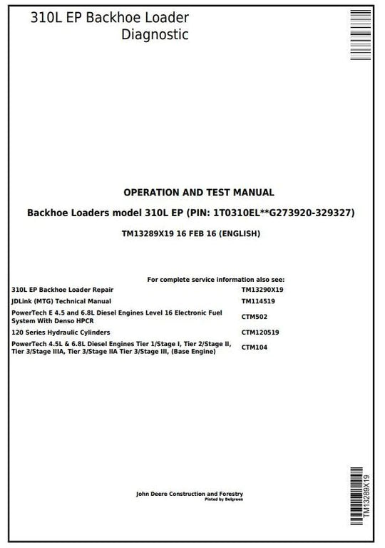 PDF John Deere 310L EP Backhoe Loader Diagnostic & Test Manual TM13289X19