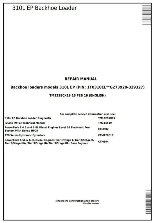 PDF John Deere 310L EP Backhoe Loader Service Manual TM13290X19