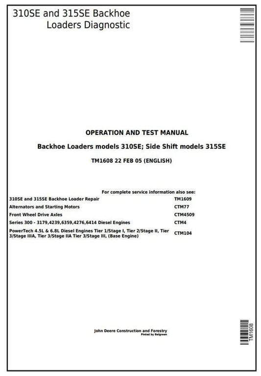 PDF John Deere 310SE, 315SE Backhoe, Side Shift Loader Diagnostic & Test Service Manual TM1608